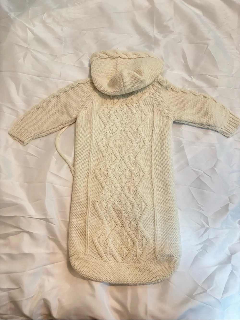 Vintage Cream Cable Knit Hooded Baby Bunting zip up one piece coat